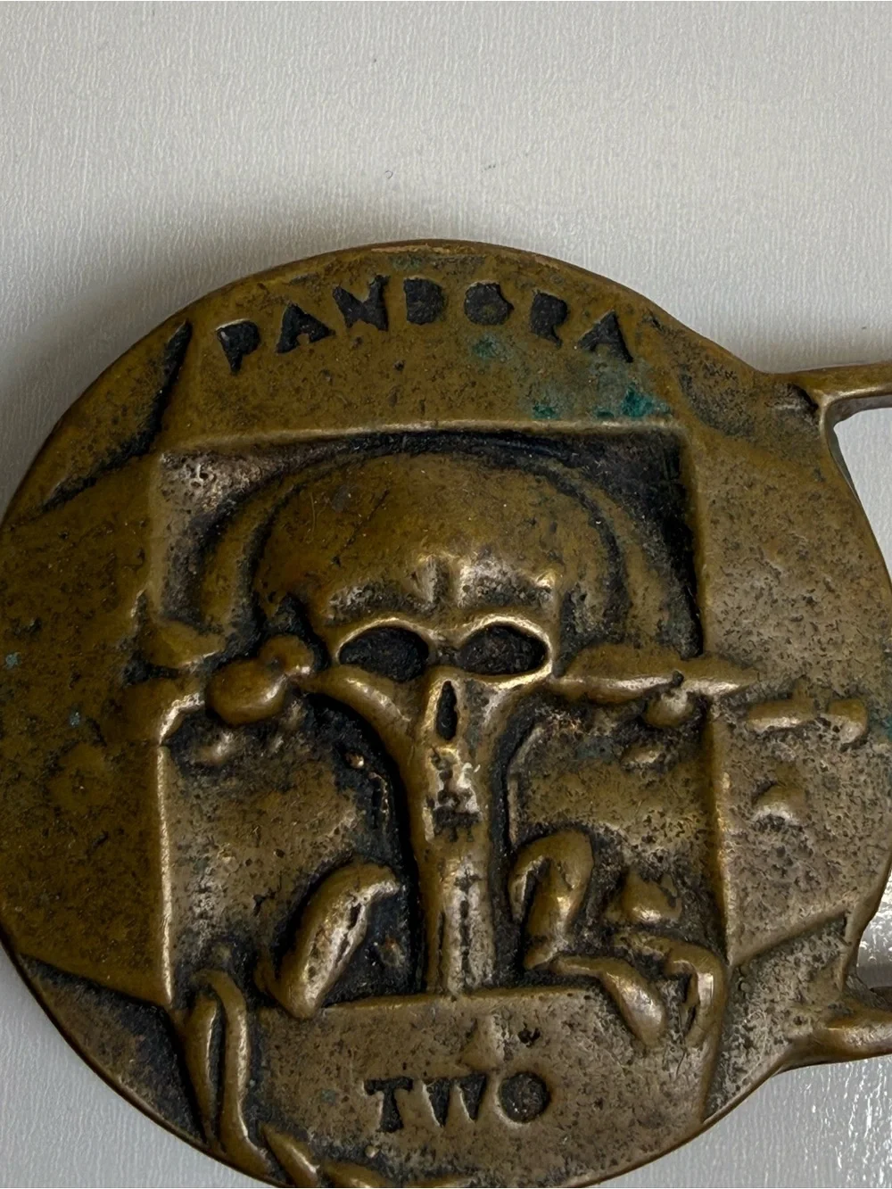 Pandora Two Brass Vintage Belt Buckle Skull Heavy Cast Rare Collectible Gold
